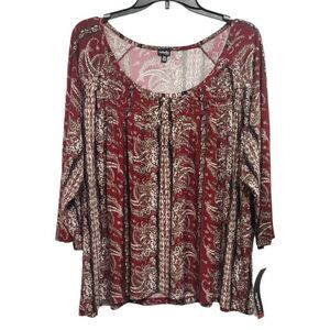 NWT Rafaella Textured Scoop Neck Blouse Sz 3X Burgundy Red Paisley